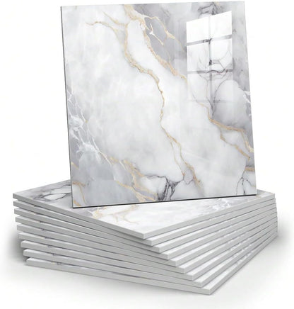 Chejiaye 10pcs Marble Peel and Stick Backsplash Waterproof Washroom Wall Panels, Peel and Stick Tile, PVC Foam Wall Panels for Kitchen,Bathroom,Living Room,Blue and Gold(Not Real Tile,11.8" x 11.8")