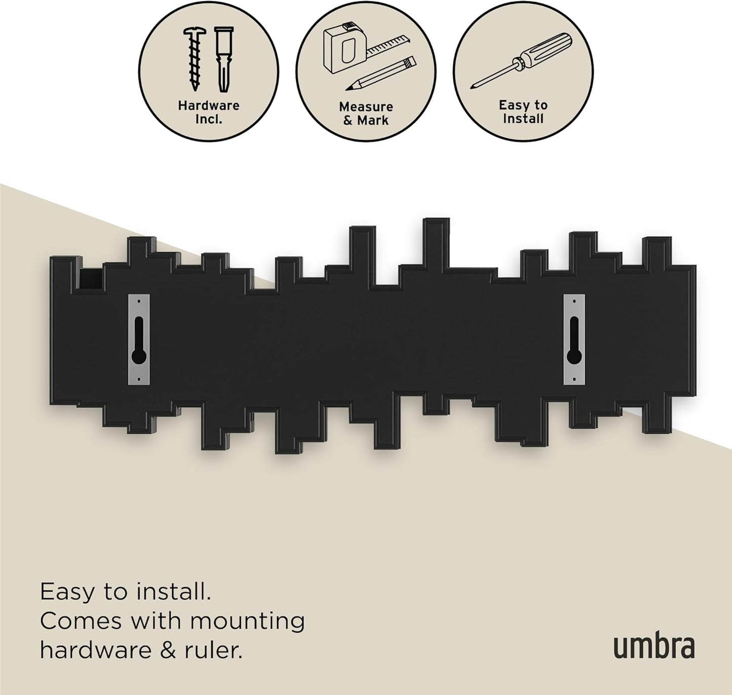 Umbra Sticks Wall-Mounted Coat Rack Rail Hook with 5 Retractable Pegs – Modern, Space-Saving Storage Organizer, Black