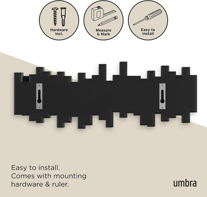 Umbra Sticks Wall-Mounted Coat Rack Rail Hook with 5 Retractable Pegs – Modern, Space-Saving Storage Organizer, Black