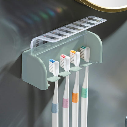 5 Slots Toothbrush Holder Wall Mount with Cover, Self Adhesive Toothbrushes Storage Organizer Perfect for Dorm Bathrooms and Shower, Holds 5 Toothbrushes. (White)