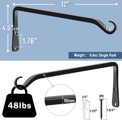 FEED GARDEN Heavy Duty Plant Hangers Outdoor Indoor, 8 Inch 2 Pack Metal Hanging Bracket Holds Up to 44 lbs, Wall Brackets for Hanging Baskets, Bird Feeders,Wind Chime& Lanterns, Black