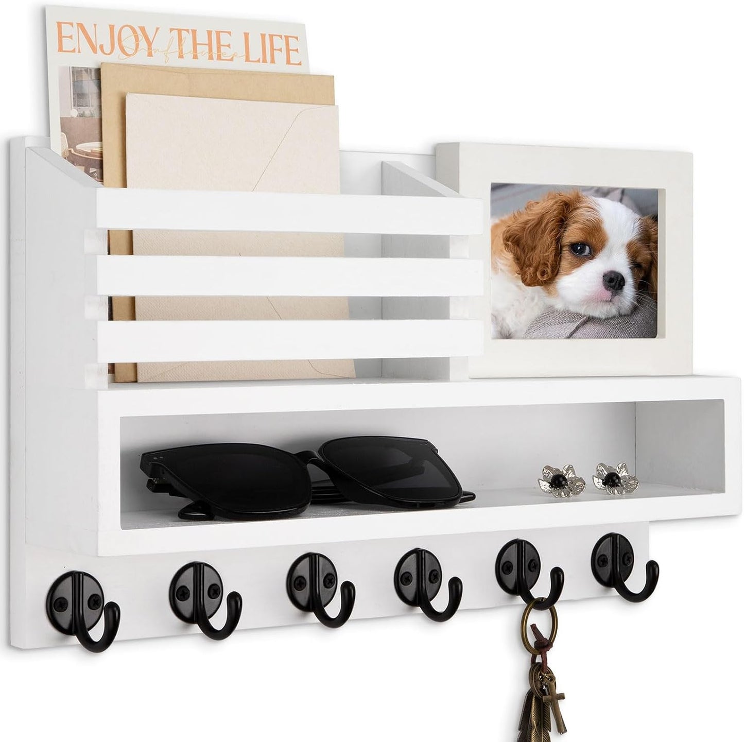 Key and Mail Holder Wall Mount, Key Hanger with Long Storage Box and 5 Hooks for Coat, Dog Leash, Home Decor Rack, House Accessories, Entry Way Organizer 11.8”W x 7.8”H x 3.2”D