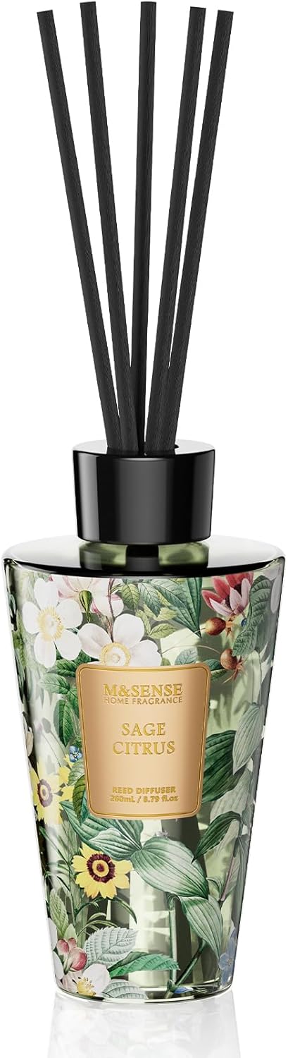 M&SENSE Reed Diffuser Set, Jasmine Sandalwood Scented 6.3 fl oz Natural Essential Oil Diffusers with Sticks, Non-Toxic Organic Air Freshener, Long-Lasting Fragrance Oils for Home Bathroom Living Room