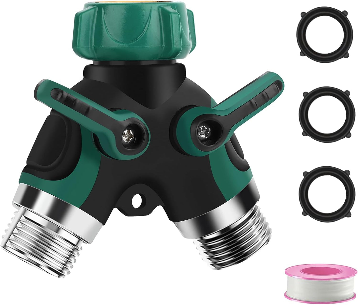 Garden Hose Splitter 2 Way, 3/4" Y Water Hose Splitter with Comfort Rubber Long Handle, Faucet Splitter, Heavy Duty Metal Connector with 2 Kink Free Faucet Extension Hose Protector