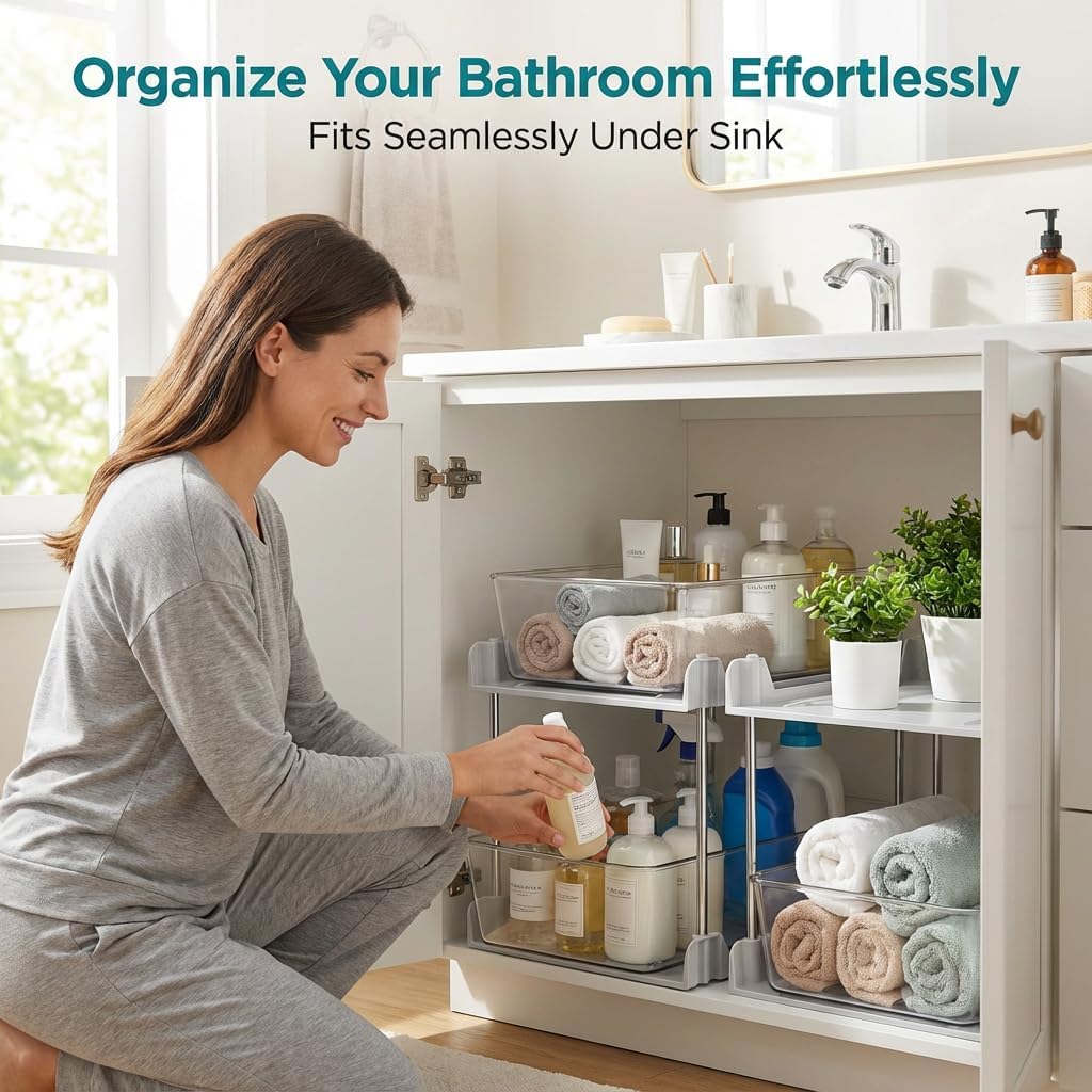 2 Pack Bathroom Organizer,2 Tier Blue Under Sink Organizers Vanity Countertop Storage Container,Cabinet Drawers Bins, Pull-Out Organization with Track for Pantry, Kitchen