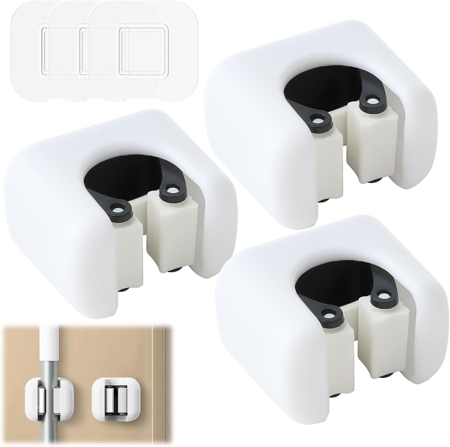 3 Pcs Self-Adhesive Broom Holder | Wall Mount Mop Organizer,Cleaning Supplies Hanger Rack for Bathroom Kitchen Garage Garden,Durable＆Water-Resistant
