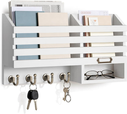 FifthQuarter Key Holder Wall Mount: Key and Mail Holder for Wall with 6 Hooks and Storage Drawer, Easy Installation Key Rack for Entryway Home Decor (A-White)