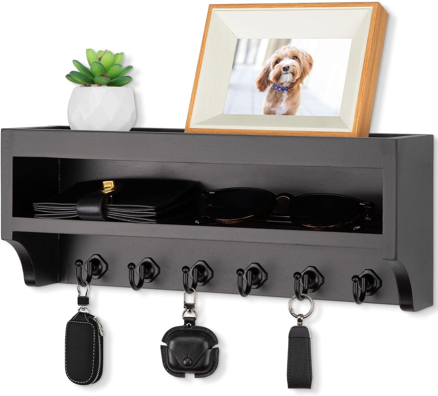 Nekon Key Holder Wall Mount, 12.8" W x 5.6" H x 3.7" D Wall Mounted Key and Mail Organizer with 6 Key Hooks, Key Racks for Home Entryway Decor (White)