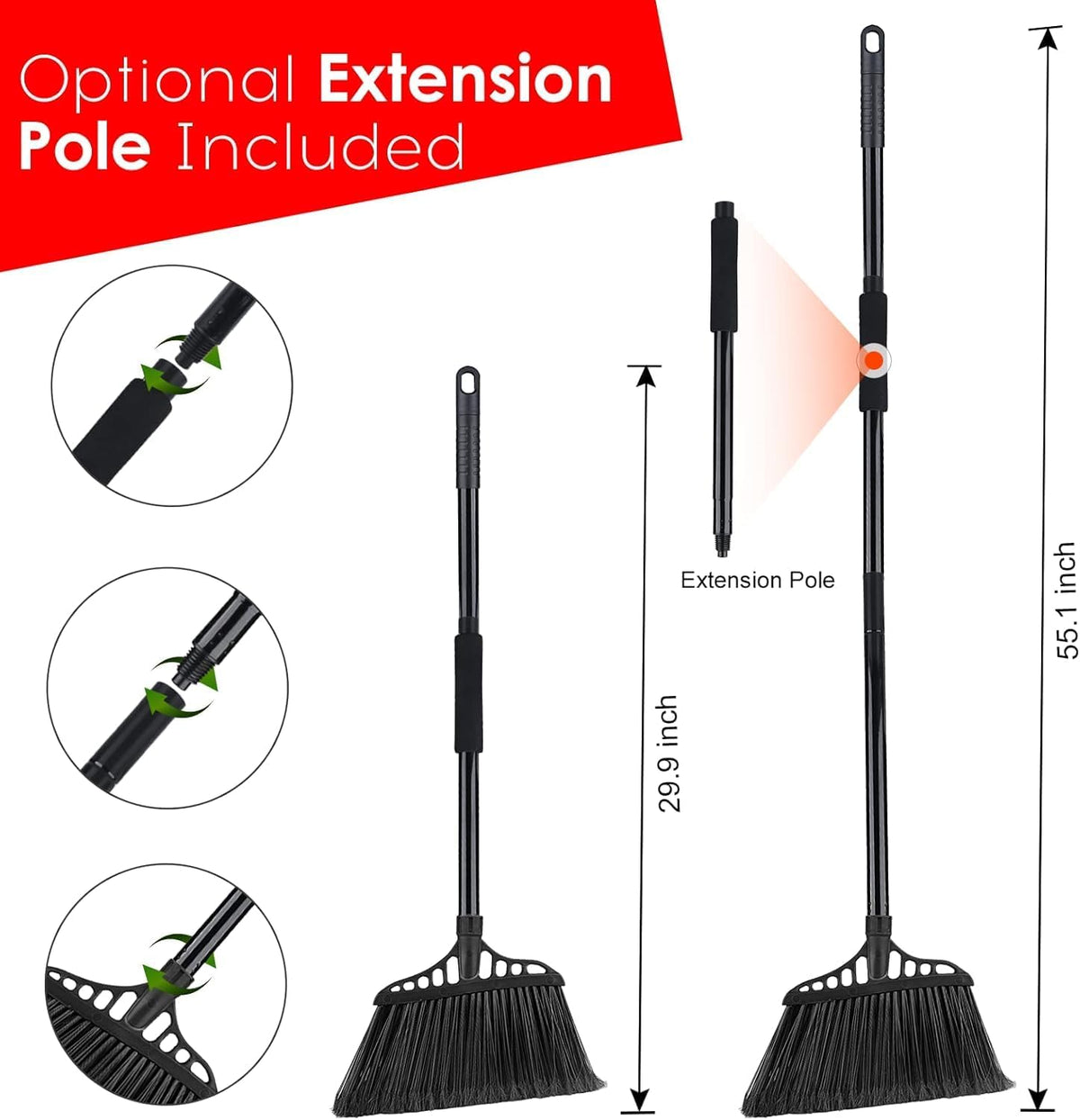 Tiumso Heavy Duty Angle Broom - 55" Adjustable Iron Handle with Stiff Bristles - Commercial-Grade Indoor/Outdoor Broom for Garage, Patio, Kitchen, Sidewalk & Concrete Cleaning (Black & Red)
