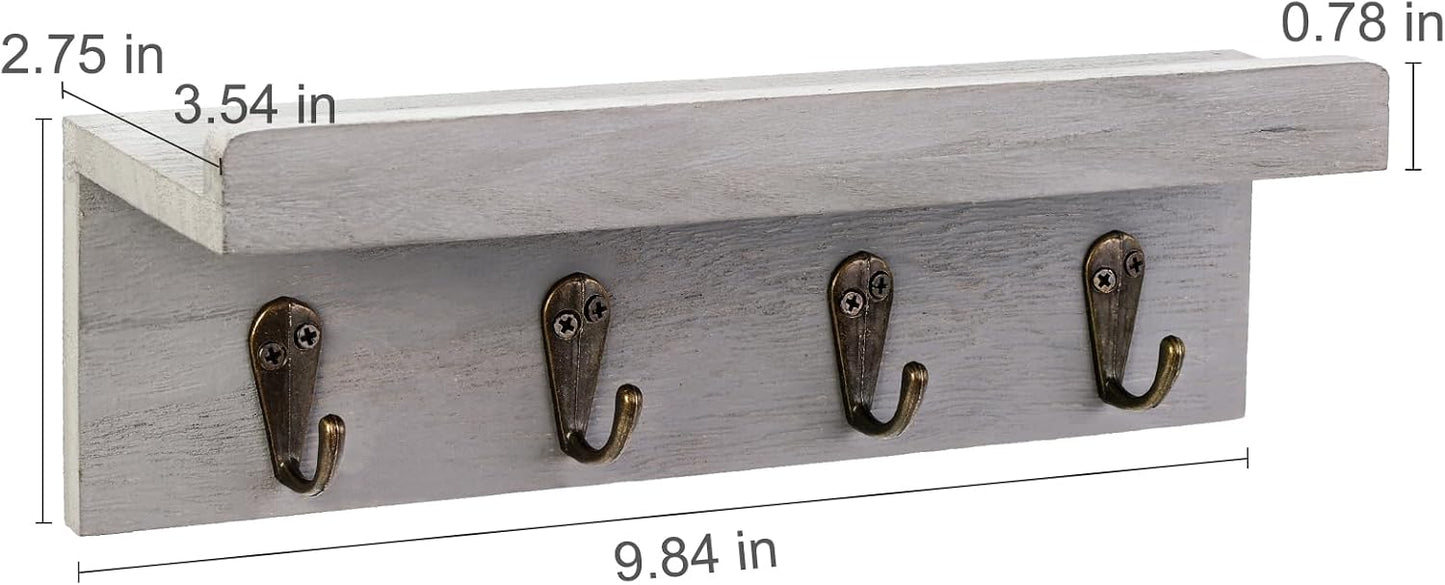 HRONRAD Rustic Key Holder for Wall, Farmhouse Wall Shelf with 4 Hooks, Wall Mounted Key Racks, Wooden Mail Organizer with Hooks for Entryway (Brown)