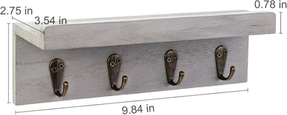 HRONRAD Rustic Key Holder for Wall, Farmhouse Wall Shelf with 4 Hooks, Wall Mounted Key Racks, Wooden Mail Organizer with Hooks for Entryway (Brown)