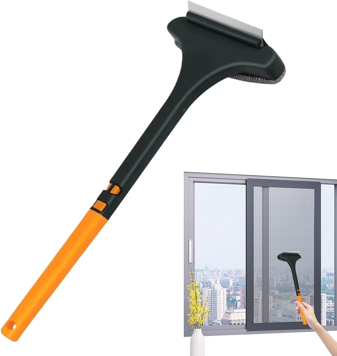 2 in 1 Window Screen Cleaning Brush, Window Screen Cleaner Tool, Double Sided Wet Dry Use Mesh Screens Cleaner Tool with Squeegee, Multi Purpose Stains Removal Glass Wi-ndow Screens Cleaning Brush