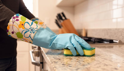 2 PAIRS Household Gloves Latex Free Cleaning Gloves with Soft Lining Long Cuff 15" & Grip, Medum, Pink/Blue