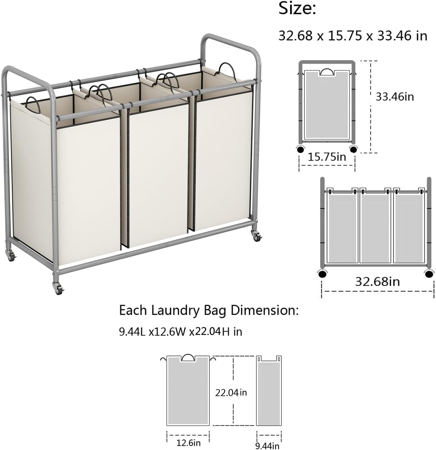 LINZINAR 3-Bag Laundry Hamper, Black Laundry Basket, 35.6 Gal(135 L) Laundry Sorter Cart Laundry Room Organization with Heavy Duty Rolling Lockable Wheels and Removable Bags
