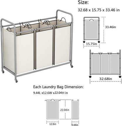 LINZINAR 3-Bag Laundry Hamper, Black Laundry Basket, 35.6 Gal(135 L) Laundry Sorter Cart Laundry Room Organization with Heavy Duty Rolling Lockable Wheels and Removable Bags
