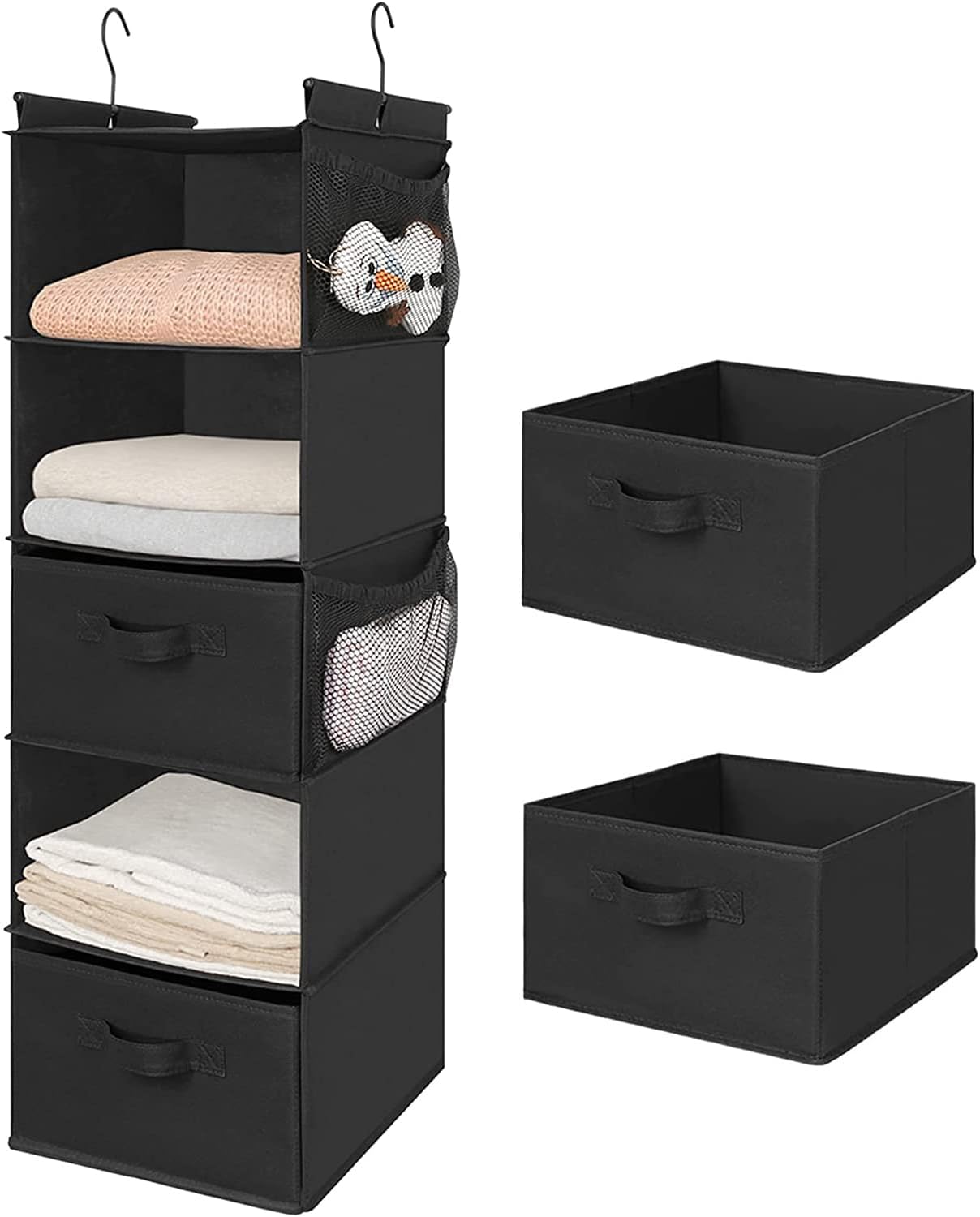 MAX Houser 4-Shelf Hanging Closet Organizer, Space Saver, Cloth Hanging Shelves with 2 Side Pockets, Foldable (Beige)