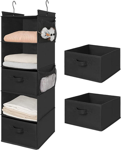 MAX Houser 4-Shelf Hanging Closet Organizer, Space Saver, Cloth Hanging Shelves with 2 Side Pockets, Foldable (Beige)