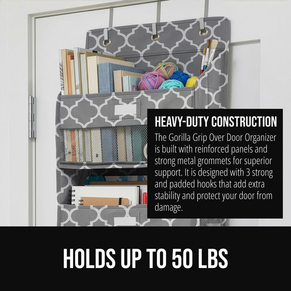 GORILLA GRIP Over the Door Shoe Organizer, 24 Large Breathable Mesh Pockets, Space Saving Hanging Storage Holder, Closet Rack Hanger Holds Up to 40 lbs, Hangs on Closets for Shoes, Accessories, Grey