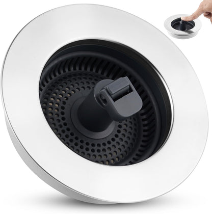 All Metal Sink Drain Strainer for Kitchen Sink, Universal Fit | Pop Up 3-in-1 Sink Stopper Drainer, 304 Stainless Steel Basket for US Standard 3-1/2 inch Drain Filter, Anti-clog