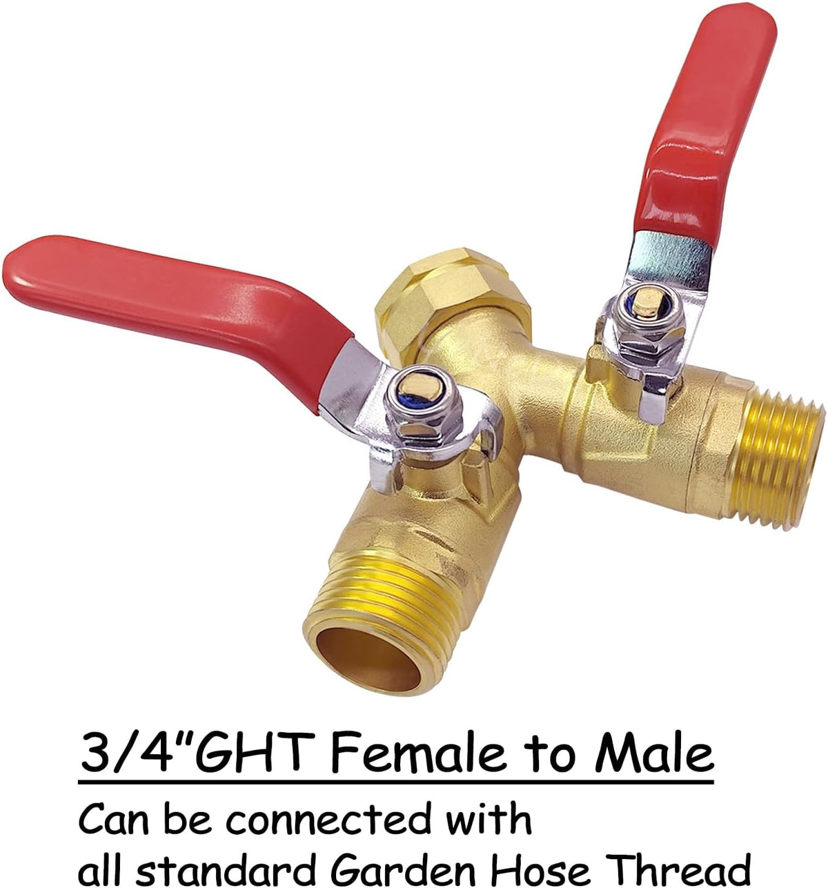 Uenede Brass Full Flow Garden Hose Splitter 3/4" GHT Heavy Duty 2 Way Y Valve Water Hose Shut Off Outdoor Faucet Splitter Connector Adapter with Long Handle