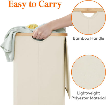Lifewit 120L Laundry Basket with Lid, Clothes Hampers for Laundry with Bamboo Handles and 2 Removable Bag, Large Foldable Laundry Hamper for Bedroom, Bathroom, Dorm, Laundry Room, Beige