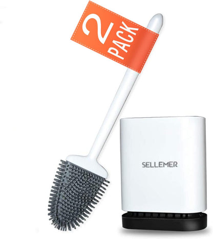 Sellemer Toilet Brush and Holder Set - Flexible Toilet Bowl Brush Head with Silicone Bristles, Compact Size for Storage and Organization, Ventilation Slots Base (1 Pack, Silver)
