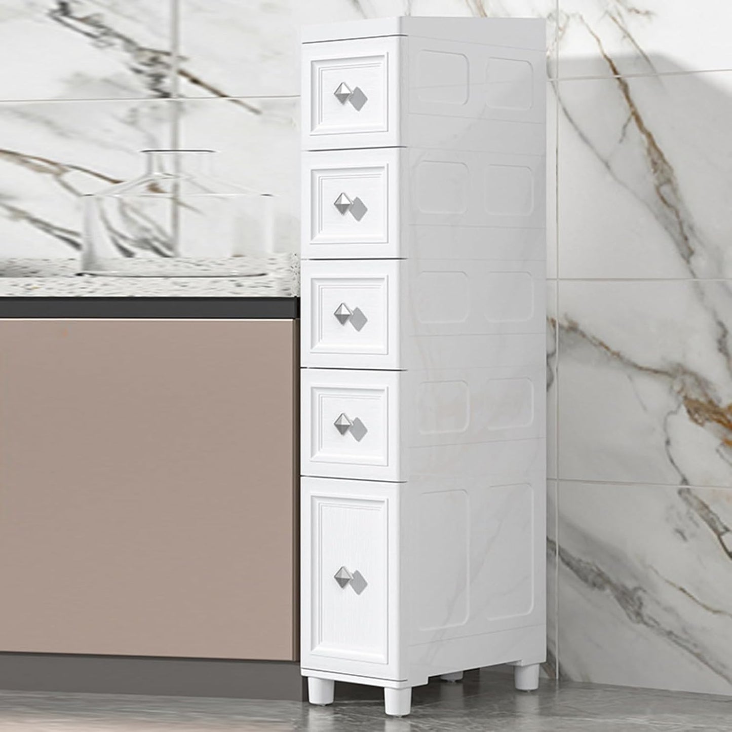 4 Drawer Narrow Floor Cabinet,4 Tier Plastic Slim Storage Cabinet with Drawers,Rolling Storage Cart with Drawers for Small Space,Bathroom,Living Room(8.7" W)