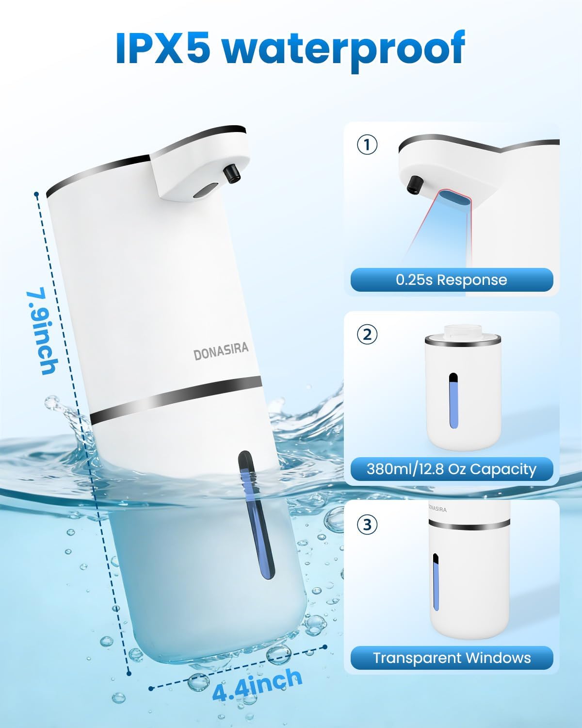 Automatic Liquid Soap Dispenser Touchless, USB Rechargeable Hand Soap Dispenser, 4 Adjustable Volume Levels, IPX5 Waterproof, 12.8oz/380ml Wall Mounted for Bathroom Kitchen Countertop, White