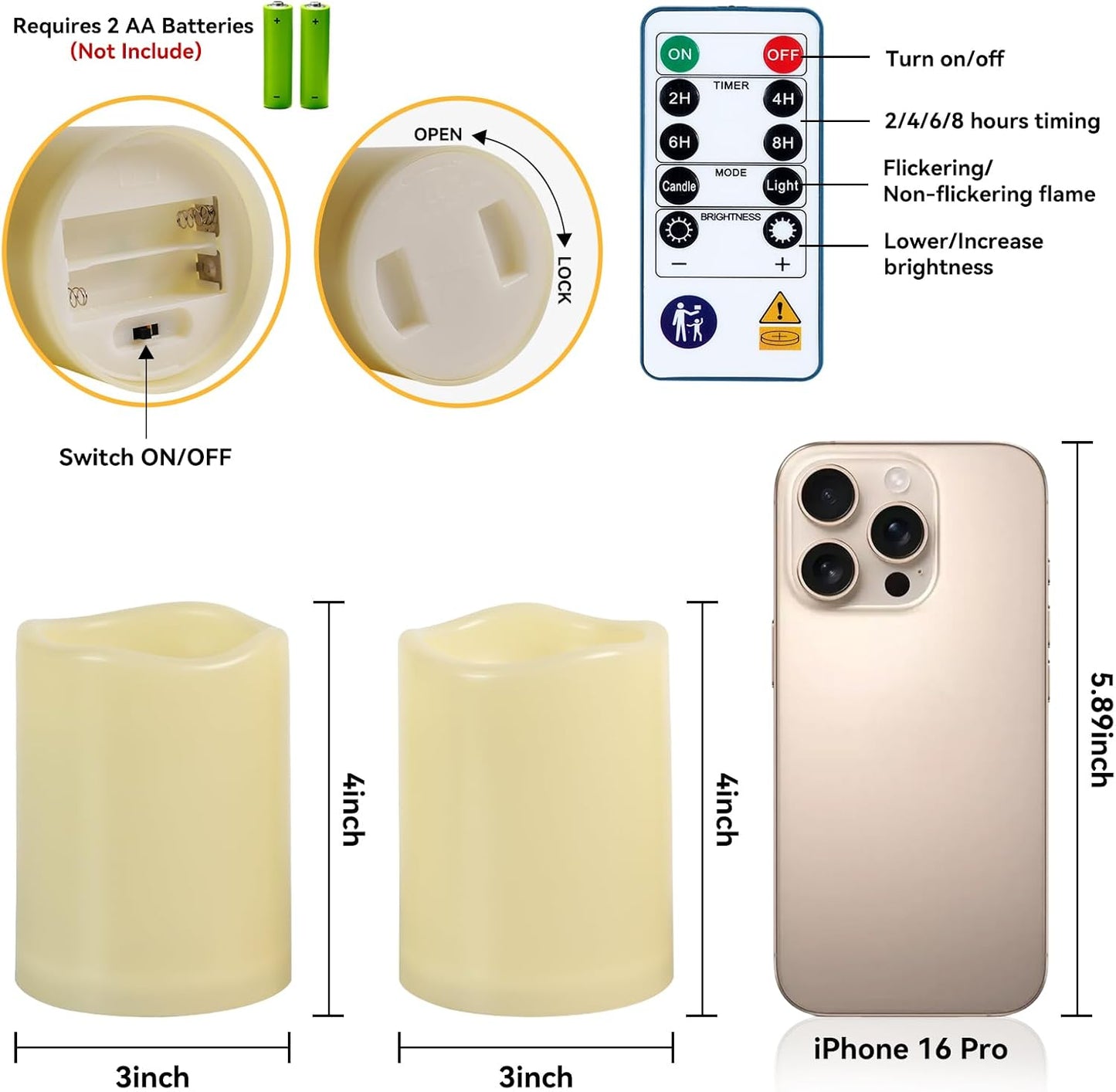 Raycare Outdoor Waterproof Flameless Candles, Battery Operated LED Electric Candles with Remote and Timers, Fake Pillar Candle for Patio, Porch, and Wedding Decor, Ivory, Set of 3(3"x4" 5" 6")