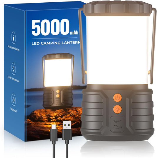 Camping Lantern,5000mAh Rechargeable Battery Emergency Lights for Power Outages,3 Colors,IPX4 Waterproof Portable Camping Tent Light for Home or Hurricane Hiking,1 Pack