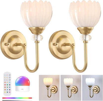 Set of 2 Vintage Battery Operated Wall Sconce, Rechargeable Wall Lamp with 5000mAh Battery & Remote Control, Dimmable Wall Lights with tulip shade for Bedroom Bathroom Living Room, (Tulip Amber Up)