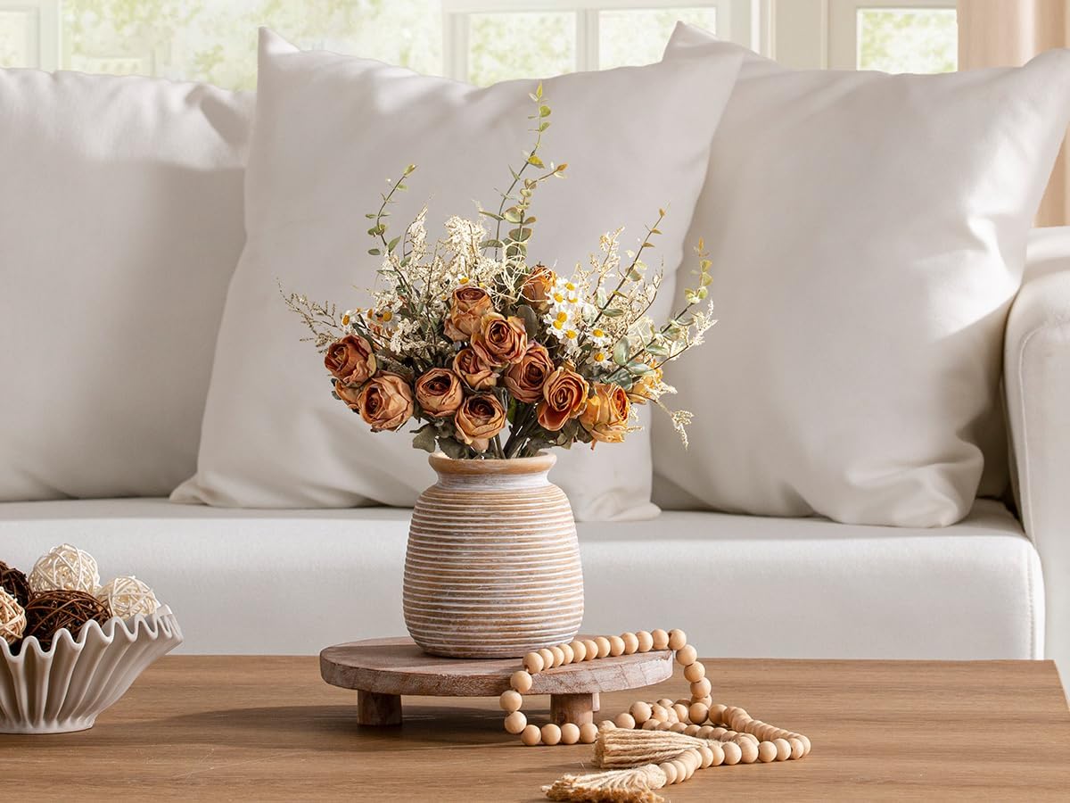 Ceramic Flower Vase, Small Rustic Farmhouse Vases Home Decor, Short Pottery Decorative Pampas Vase for Table Living Room Entryway Mantel Bookshelf Bedroom Bathroom Kitchen - 6" W