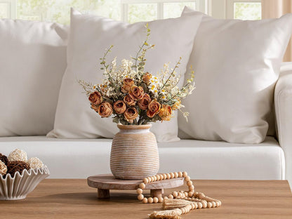 Ceramic Flower Vase, Small Rustic Farmhouse Vases Home Decor, Short Pottery Decorative Pampas Vase for Table Living Room Entryway Mantel Bookshelf Bedroom Bathroom Kitchen - 6" W