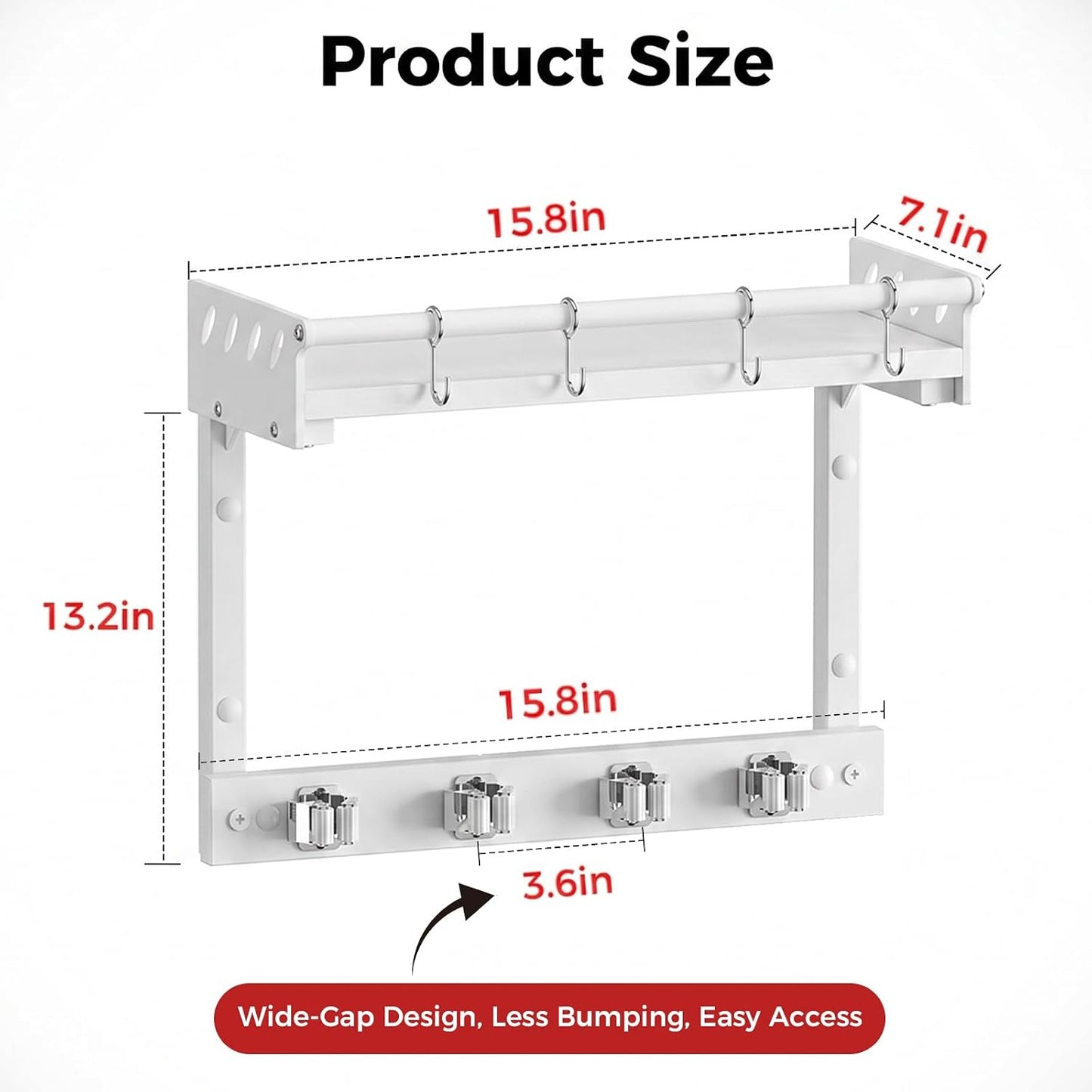 Broom Holder Wall Mount with Shelf,Broom Hanger,3 in 1 Broom and Mop Organizer Wall Hanging for Laundry,Garage,Utility,Broom Rack,Vacuum Stand Alternative,Cleaning Supplies Organizer Storage,White,L