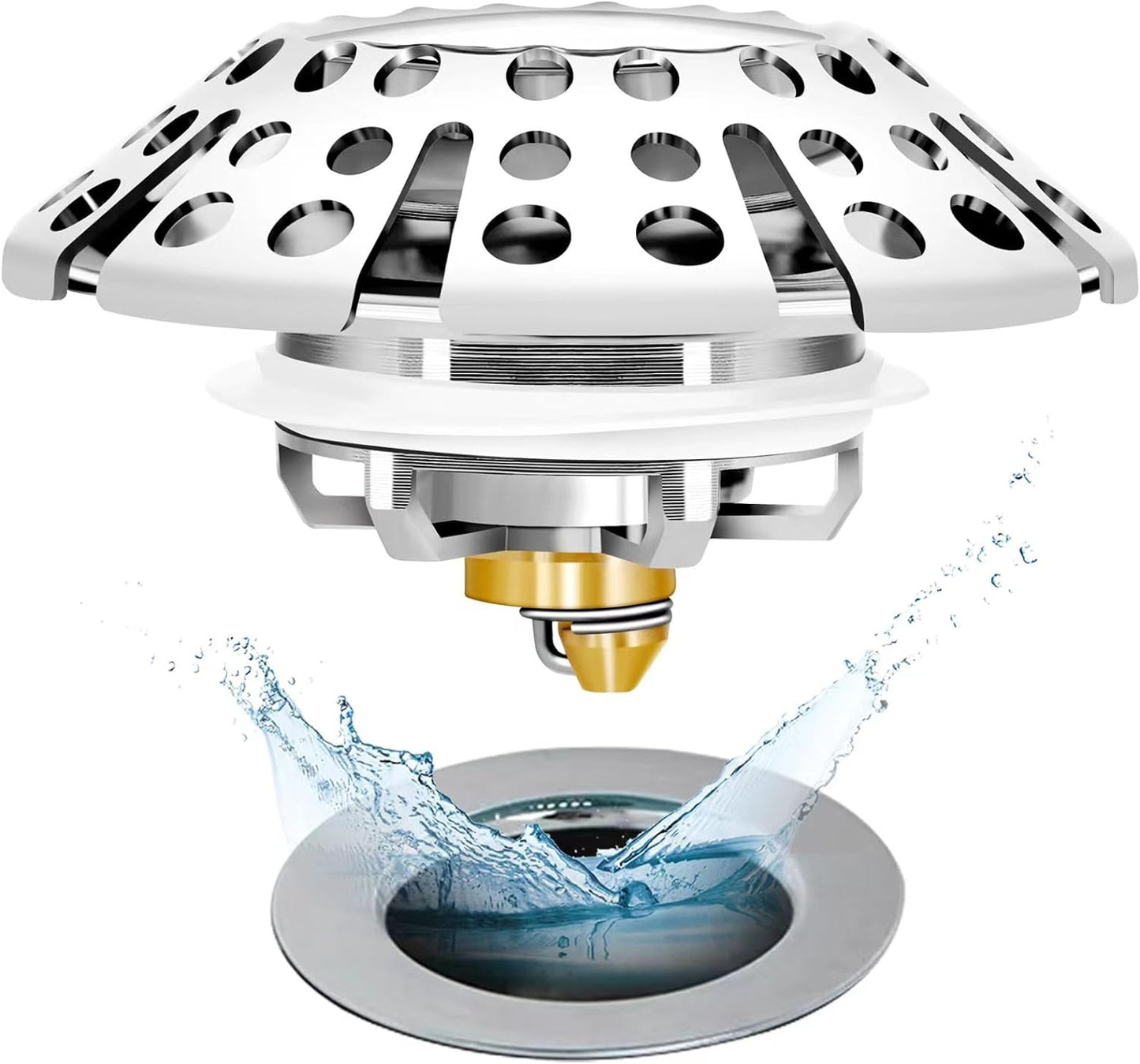 Anlige Bathroom Sink Drain Strainer, 2PCS 3 in 1 Pop Up Bathroom Sink Stopper with Removable Brass Basket Hair Catcher, Universal Sink Plug for 1.06 to 1.6in Drain Hole, Chrome Silver
