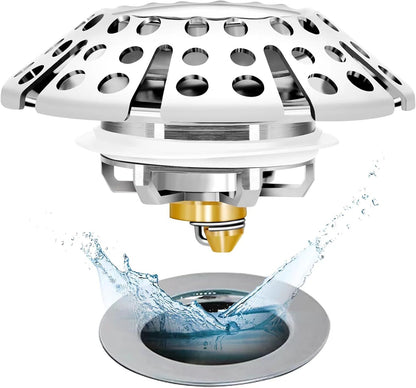 Anlige Bathroom Sink Drain Strainer, 2PCS 3 in 1 Pop Up Bathroom Sink Stopper with Removable Brass Basket Hair Catcher, Universal Sink Plug for 1.06 to 1.6in Drain Hole, Chrome Silver
