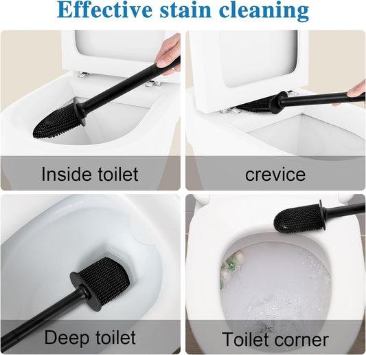 Silicone Toilet Brush and Holder Bendable Efficient Cleaning Wall Mounted Toilet Bowl Brush with Long Handle Brush Head and Silicone Bristles No Rusty Handles Problem (White)
