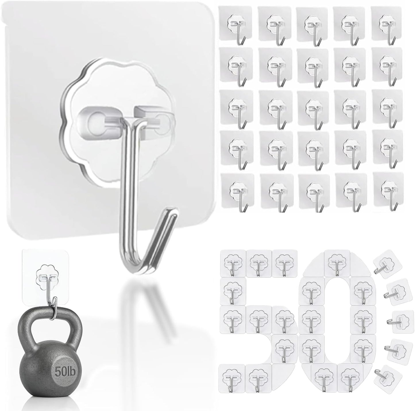 Adhesive Wall Hooks for Hanging Heavy Duty 50 lbs Large Hooks for Walls No Damage, Towel Sticky Clear Hook, Waterproof, Home, Bathroom, Kitchen, Office, and Outdoor 10 Pack