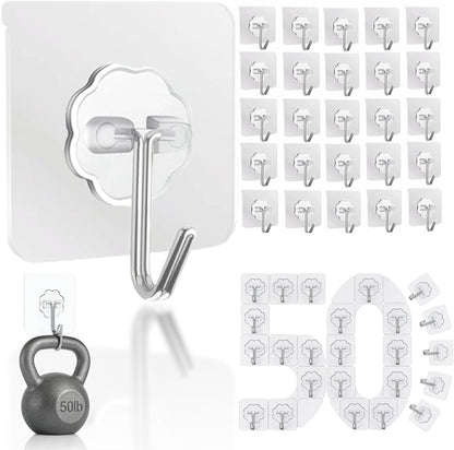 Adhesive Wall Hooks for Hanging Heavy Duty 50 lbs Large Hooks for Walls No Damage, Towel Sticky Clear Hook, Waterproof, Home, Bathroom, Kitchen, Office, and Outdoor 10 Pack