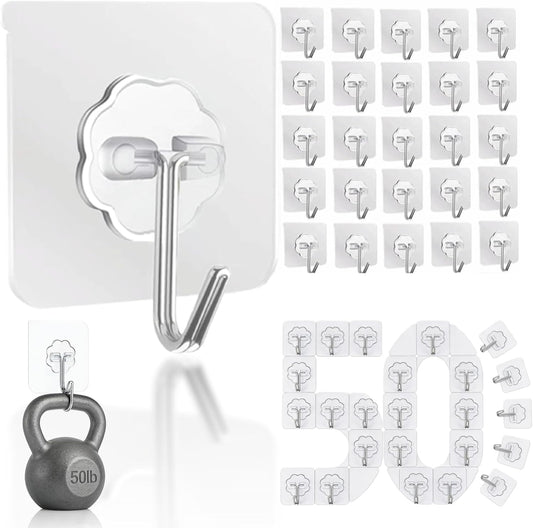 Adhesive Wall Hooks for Hanging Heavy Duty 50 lbs Large Hooks for Walls No Damage, Towel Sticky Clear Hook, Waterproof, Home, Bathroom, Kitchen, Office, and Outdoor 10 Pack