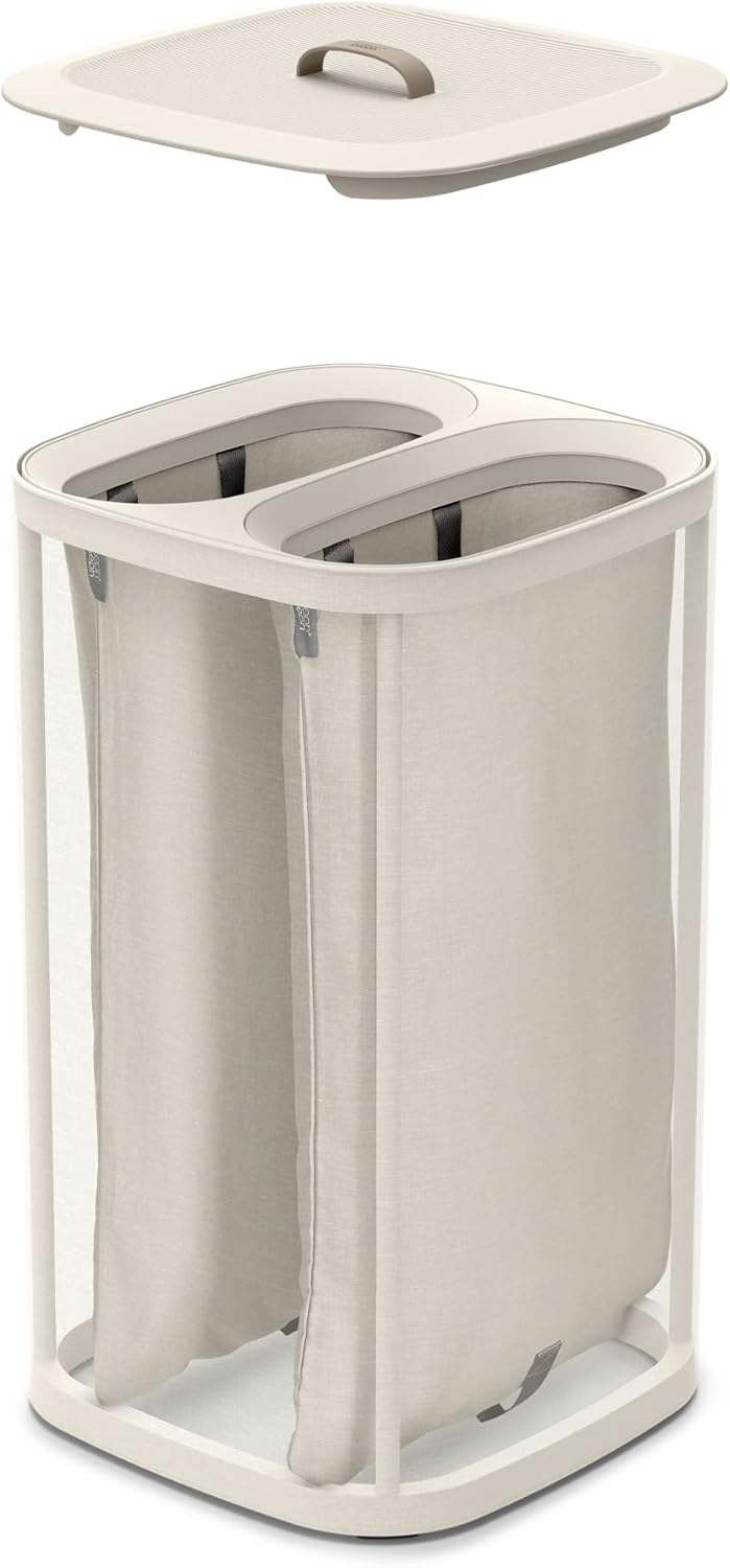Joseph Joseph Tota Trio 90 liter/23.8 gallon Laundry Hamper Separation Basket with lid, 3 Removable Washing Bags with Handles- Ecru