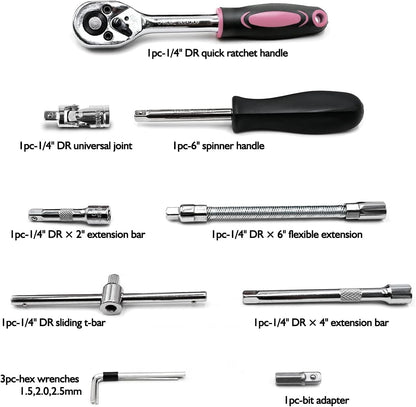 Egofine 46 Pieces 1/4 inch Drive Socket Ratchet Wrench Set, with Bit Socket Set Metric and Extension Bar for Auto Repairing and Household, with Storage Case