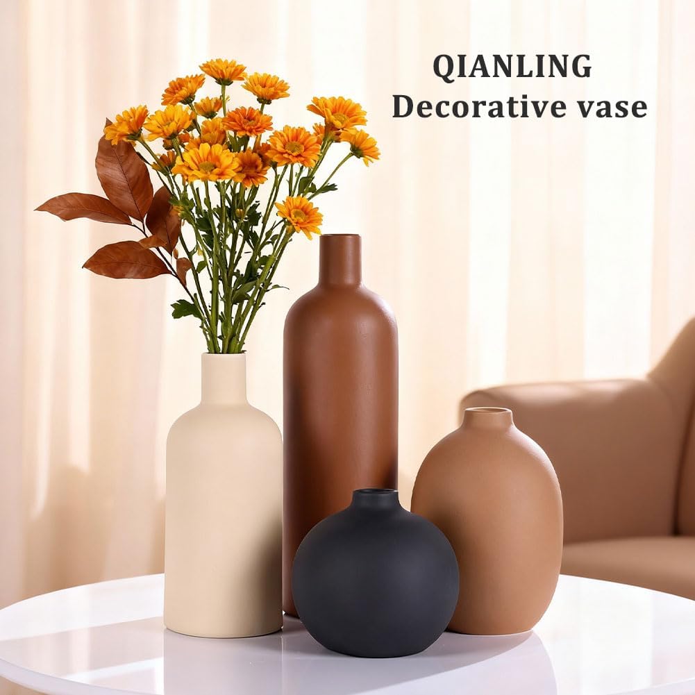 Ceramic Vase Set of 4, Modern Vases Home Decor, Neutral Decorative Vase for Bouquet Pampas Grass Dried Fresh Flowers, Small Vase for Living Room, Kitchen, Bedroom, Bathroom, Entryway Mantel, Decor