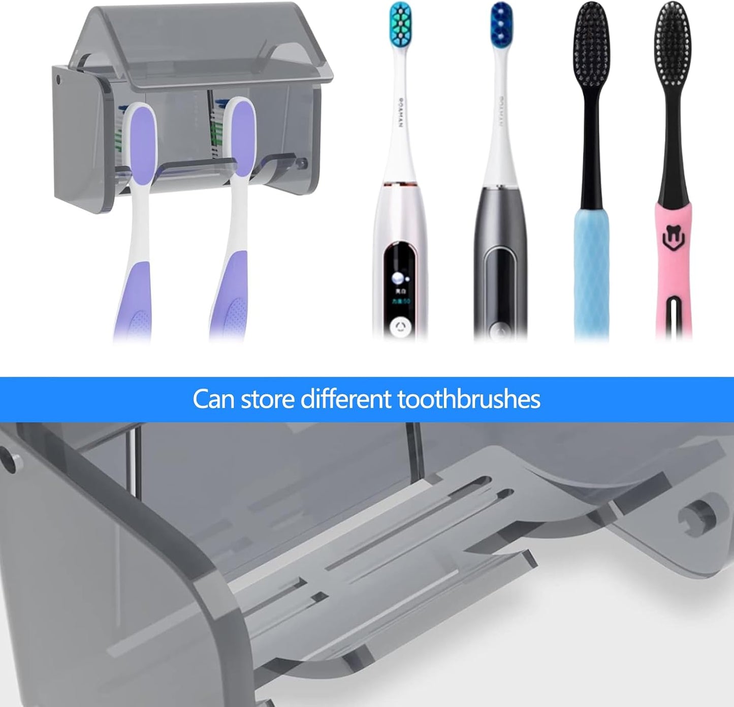 5 Slots Toothbrush Holder Wall Mount with Cover, Self Adhesive Toothbrushes Storage Organizer Perfect for Dorm Bathrooms and Shower, Holds 5 Toothbrushes. (White)
