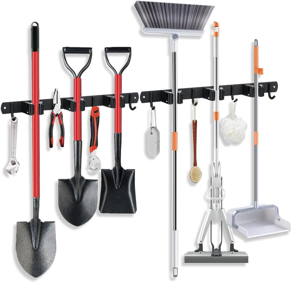 JAMEND CLXP Broom Hanger and Mop Holder, Heavy Duty Garden Tool Organizer Rack Rake and Shovel Handle, Stainless Steel Wall Mounted Utility Rack with Screws (3 Racks with 4 Hooks, Matte Black).