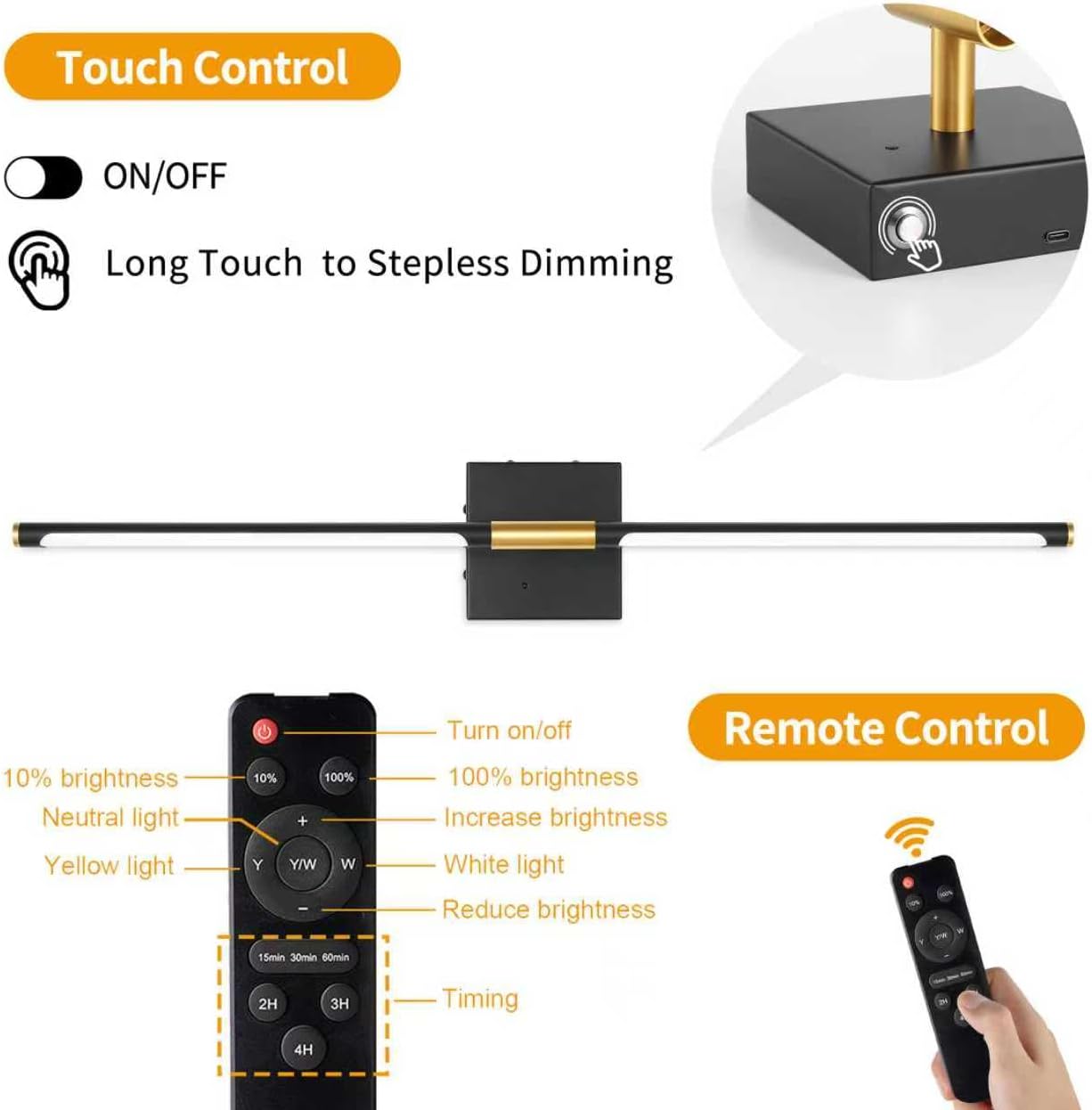Morauroral Battery Operated Wall Sconces Set of 2, 10000mAh Rechargeable Sconces, 3000K-6000K Dimmable LED Wall Lamp with Remote, 24 Inch Black Gold Wireless Wall Lights for Bedroom, Living Room