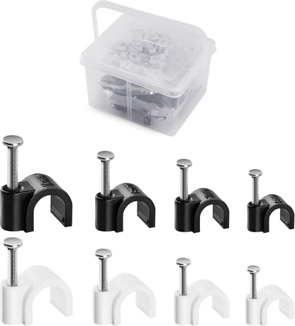 400 Pack Cable Clips with Steel Nails Kit, OD: 6mm/7mm/8mm/10mm Round U Nails (Black&White, Each 50PCS, Total 400PCS), Cable Wire Cord Management Clips, for Wall, Floor, Ceiling, Ethernet, Coax Cable