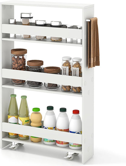 COSTWAY Slim Rolling Storage Cart, 4-Tier Rolling Utility Cart, Wood Kitchen Storage Cart with Handle & Wheels, Narrow Rolling Shelving Unit for Kitchen Bathroom Laundry Small Places (Plain White)