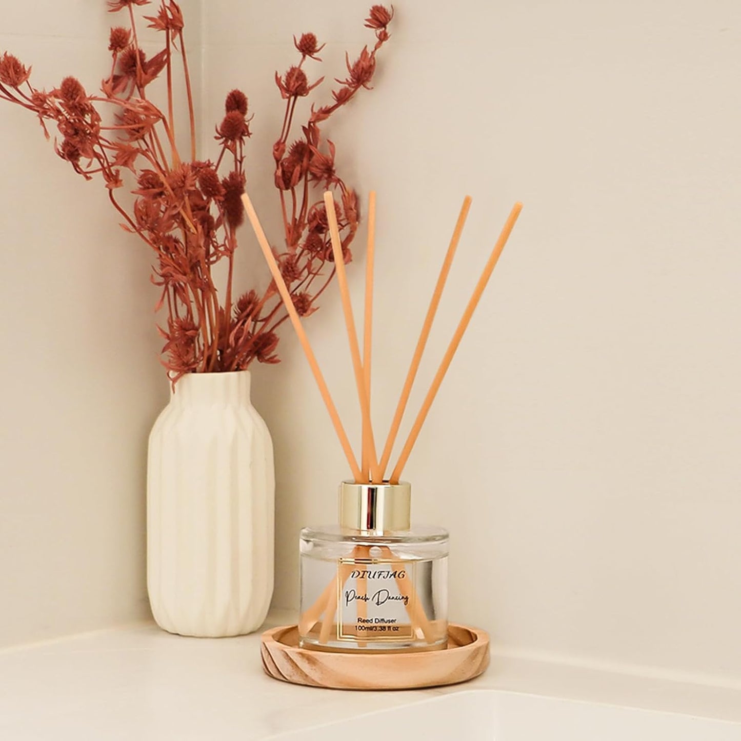 100ml Scent Diffuser with 6 Fiber Sticks, 3.5 oz Reed Diffuser Set Aromatherapy Fragrance Diffusers Air Fresheners for Home Bedroom Bathroom (Coconut)