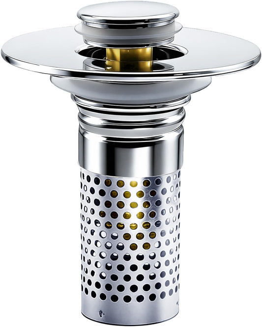Bathroom Sink Drain Strainer, Pop-up Sink Drain Strainer with Removable Stainless Basket Hair Catcher, Bathroom Sink Stopper,1 Pack